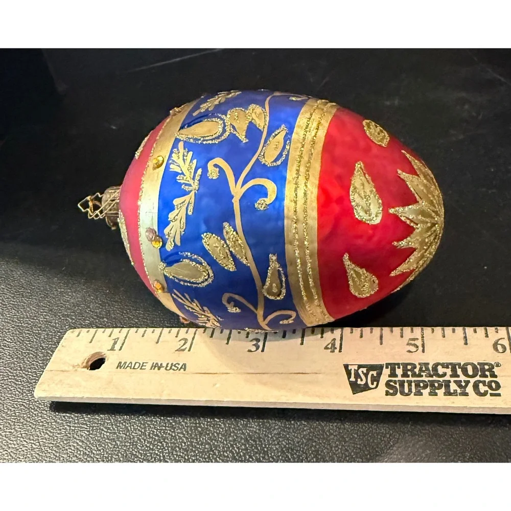 Large Egg Christmas Holiday Ornament Red Blue Gold Glitter Rhinestone Glass